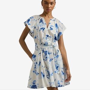 Ralph Lauren Voile Floral Belted Cotton Dress White & Blue Size 8 NWT